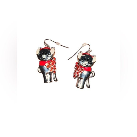 Christmas Cat‎ Earrings Silver and Red - Picture 3 of 3